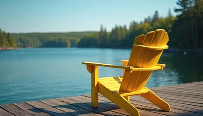 Yellow Adirondack chair sits on wooden dock facing blue lake with forest background. Serene morning scene promotes relaxation and peaceful outdoor leisure time. Ideal for vacation rentals.