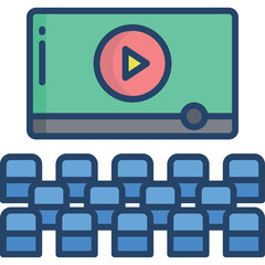 Digital Illustration of a Movie Theater Screen Displaying a Play Button with Rows of Blue Seats in Front on a Transparent Background
