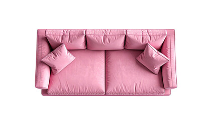 Pink couch, aerial view. Pillows and soft surface