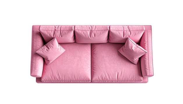 Pink couch, aerial view. Pillows and soft surface