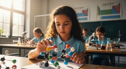 Curious Explorer: A bright-eyed girl intently constructs a molecular model within a classic classroom setting, surrounded by fellow students engaged in scientific exploration and learning.