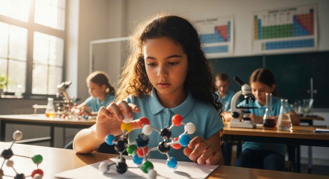 Curious Explorer: A bright-eyed girl intently constructs a molecular model within a classic classroom setting, surrounded by fellow students engaged in scientific exploration and learning.