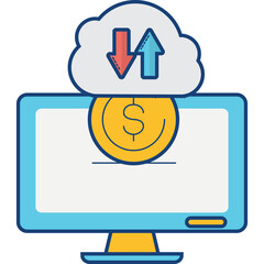 Digital Cloud Computing Financial Transaction Data Transfer With Coin Symbol On Computer Screen