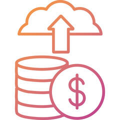 Digital Cloud Storage For Financial Data With Stacked Coins And Dollar Symbol Overlay Featuring Upload Arrow Icon In Gradient Orange And Purple Tones On Transparent Background