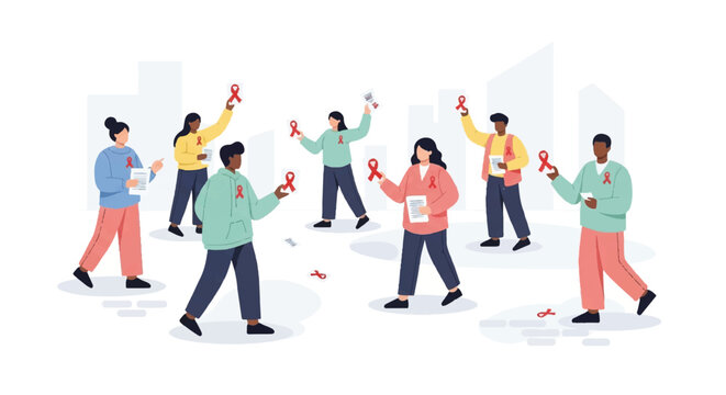 Diverse group of people holding red ribbons, symbolizing awareness and support for health causes like World AIDS Day