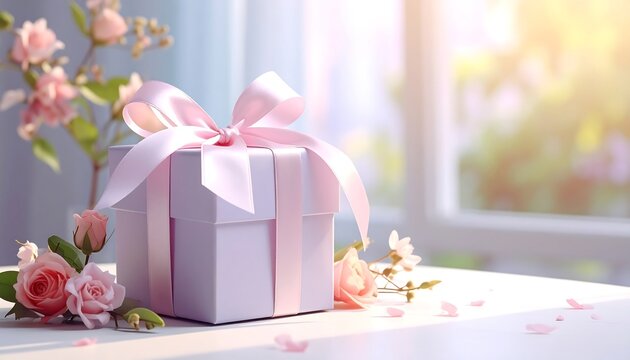A pastel pink gift box, tied with a matching ribbon bow, rests on a table. Delicate pink roses and buds adorn its sides near a sunlit window