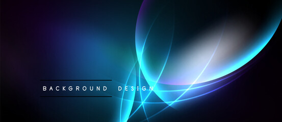 Dark background features vibrant blue curves, glowing lines. Modern design evokes energy, motion, futuristic aesthetic. Minimalist text present.