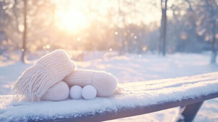 Winter scene with cozy knitted mittens on a snowy bench, illuminated by warm sunlight and falling snow