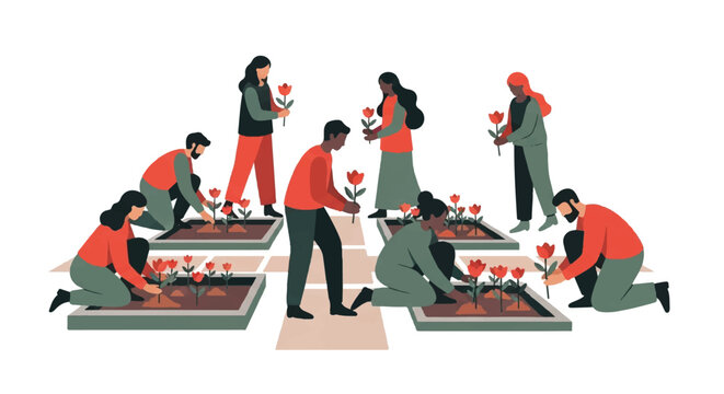 Community gardening brings diverse people together to plant flowers and cultivate nature
