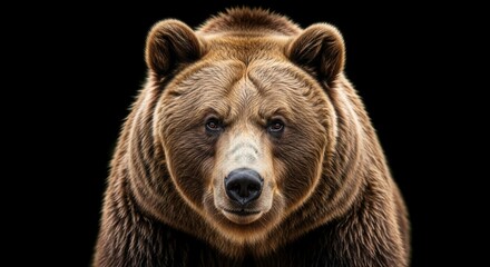 Fototapeta premium Grizzly Bear Portrait: A close-up studio shot captures the imposing presence and intense gaze of a magnificent grizzly bear against a stark black background.