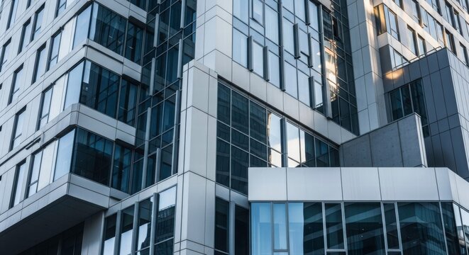 Modern Urban Architecture: A captivating view of a modern skyscraper's geometric facade, showcasing a harmonious blend of glass, steel, and architectural design