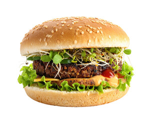 Delicious burger with fresh sprouts and sesame seed bun