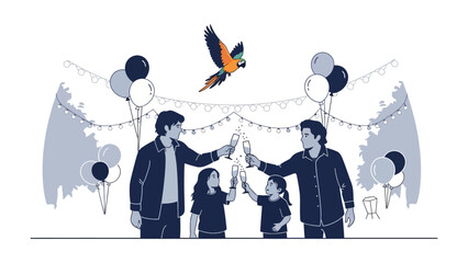 Celebration Toast with Parrot: A joyful family celebrates a special occasion, toasting with champagne glasses under a sky adorned by a vibrant parrot, signifying togetherness.