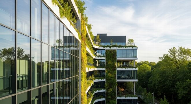 Green Facade Marvel: A contemporary building with a vertical garden, seamlessly blending nature and architecture. This innovative design showcases sustainability and urban elegance.