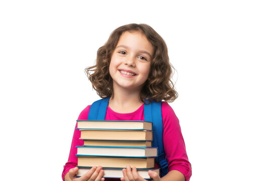 Young smiling girl with curly brown hair wearing a blue backpack holding a stack of books isolated on transparent background