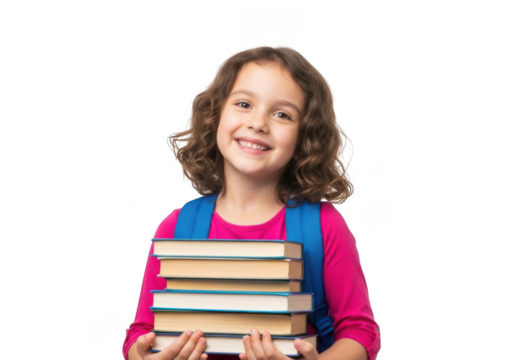 Young smiling girl with curly brown hair wearing a blue backpack holding a stack of books isolated on transparent background