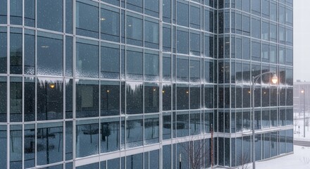 Office Building in Winter: A modern office building with a reflective glass facade stands amidst a snowy winter landscape, its windows gleaming against the backdrop of a crisp, cold day.