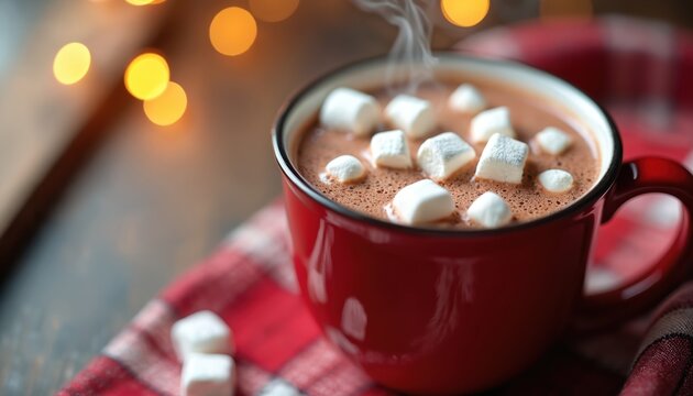 Steaming hot cocoa with soft marshmallows in red mug on rustic wood table. Cozy winter drink with bokeh lights background. Sweet treat for cold days.
