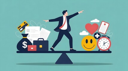 Work Life Balance Concept , Businessman Balancing Between Career and Personal Life in Flat Vector Design