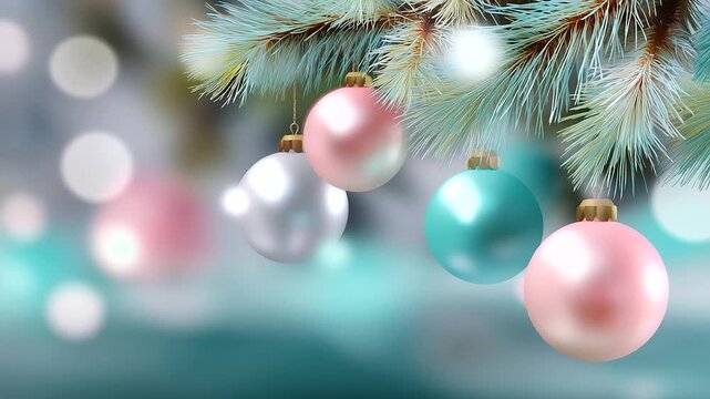 Defocused seamless pastel vector pattern of soft Christmas ornaments and blurred fir branches creating gentle bokeh effect, cozy winter tone, with copy space.