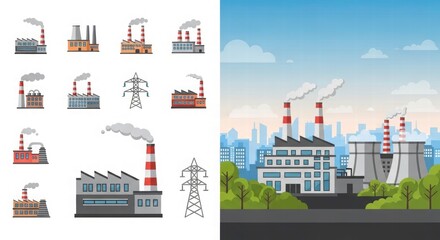 Industrial Landscape Illustration: A compilation of industrial structures, encompassing factories, power plants, and electrical infrastructure.