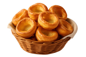 Fototapeta premium Yorkshire puddings filling a woven basket, a savory british baked batter pastry for roast dinners, transparent background
