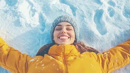 Joyful young woman in warm yellow jacket lying in fresh snow, smiling happily and enjoying a bright winter day outdoors