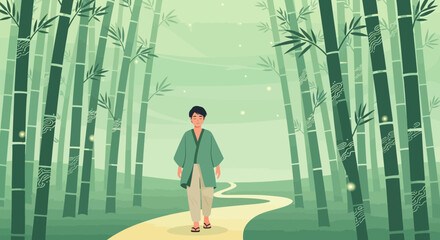 Serene journey: A man's leisurely walk through a peaceful bamboo forest