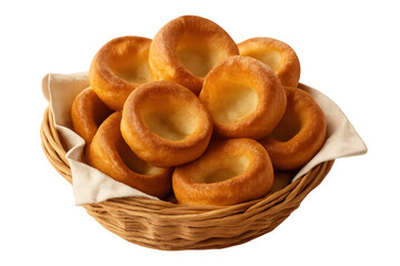 Yorkshire puddings filling a woven basket, traditional british baked goods for savory meals, transparent background