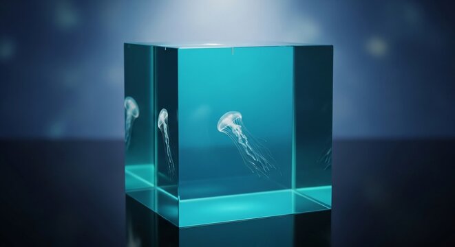 Jellyfish trapped in a glass cube filled with turquoise water, with bokeh lights in the background
