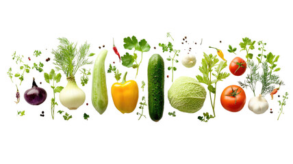 Fresh organic red tomatoes, green cucumbers, and lettuce vegetables on a white background for a healthy vegetarian salad