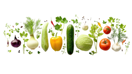 Fresh organic red tomatoes, green cucumbers, and lettuce vegetables on a white background for a healthy vegetarian salad