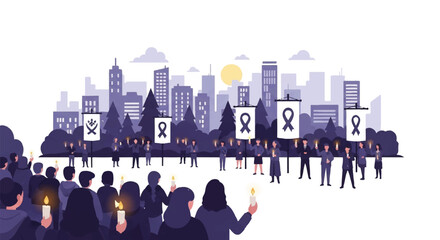 Illustration of a crowd holding candles and awareness ribbons in front of a city skyline at dusk with a somber mood.