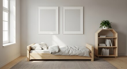 Fototapeta premium Minimalist Children’s Room with Double Frame Mockup