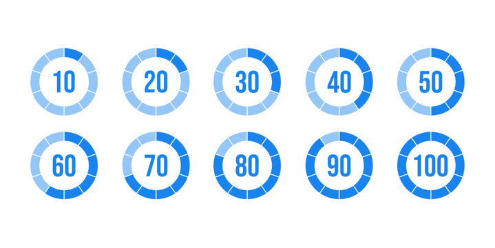 Blue Circular Progress Loaders Vector Icon Set—Percentage Indicators from 10 to 100 for UI/UX Interface.