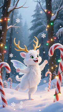 A joyful white creature with golden antlers and icy wings dances in a snowy forest, surrounded by glowing candy cane trees and sparkling snowflakes.
