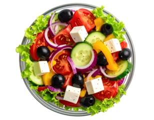 Fresh salad tomatoes, feta, lettuce, olives, cucumbers