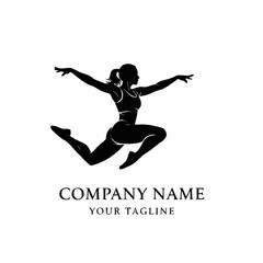 Black silhouette of an athletic woman in a dynamic jump pose.