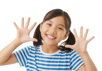 Joyful young asian girl with pigtails smiling widely and showing both hands isolated on transparent background