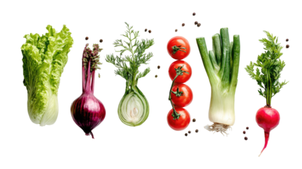 Isolated fresh organic vegetables like onion, garlic, tomato, and green leaf vegetables on a white background for healthy food preparation