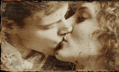 Vintage kiss closeup couple romance sepia