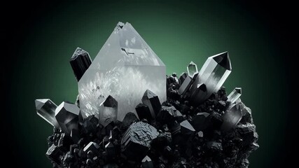 Closeup of dark and clear quartz crystals on a dark green background - Powered by Adobe