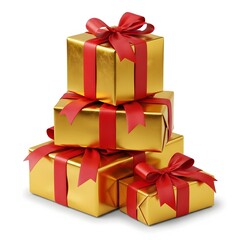 Obraz premium Stack of golden gift boxes with red ribbons