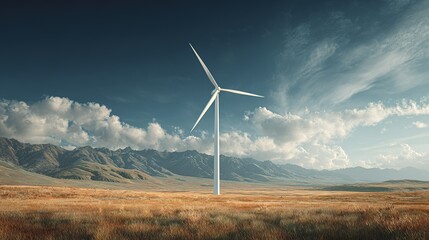 Isolated Wind Generator Spinning in Grassy Plains Captured Landscape Photography Natural Environment Scenic Viewpoint Renewable Energy Concept