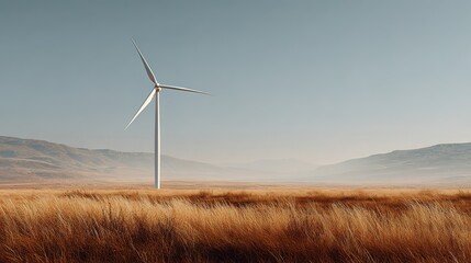 Lone Wind Generator in Grassy Plains Renewable Energy Structure Scenic Landscape Captured from Standard Viewpoint Emphasizing Sustainability and Nature's Beauty