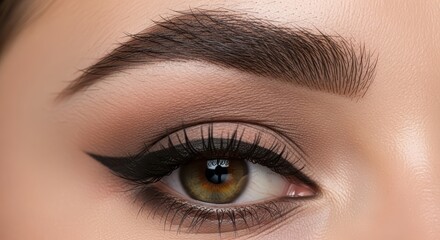 Close-up of female eye with perfectly winged eyeliner and thick eyebrows