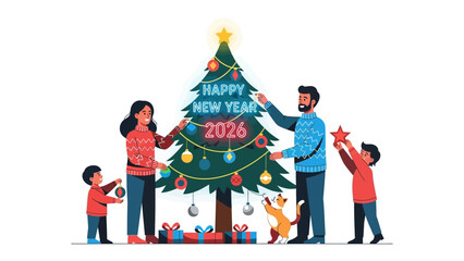 Festive Family Moments: A family decorates a Christmas tree, their faces alight with cheer, creating a heartwarming scene of festive joy and togetherness amidst a flurry of ornaments and presents.