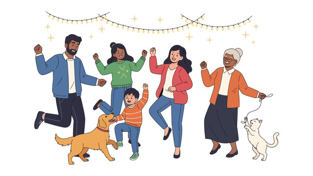 Dancing family: A joyful family celebrates a happy moment, with some children and pets in the house dancing together, filled with happiness and love.