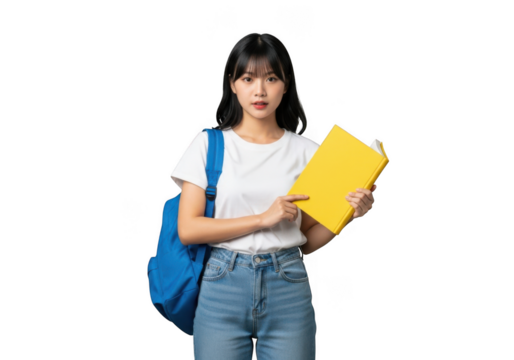 Young asian student with backpack and yellow book pointing thoughtfully isolated on transparent background