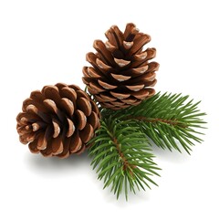 Fototapeta premium Two pinecones and evergreen branch on white background